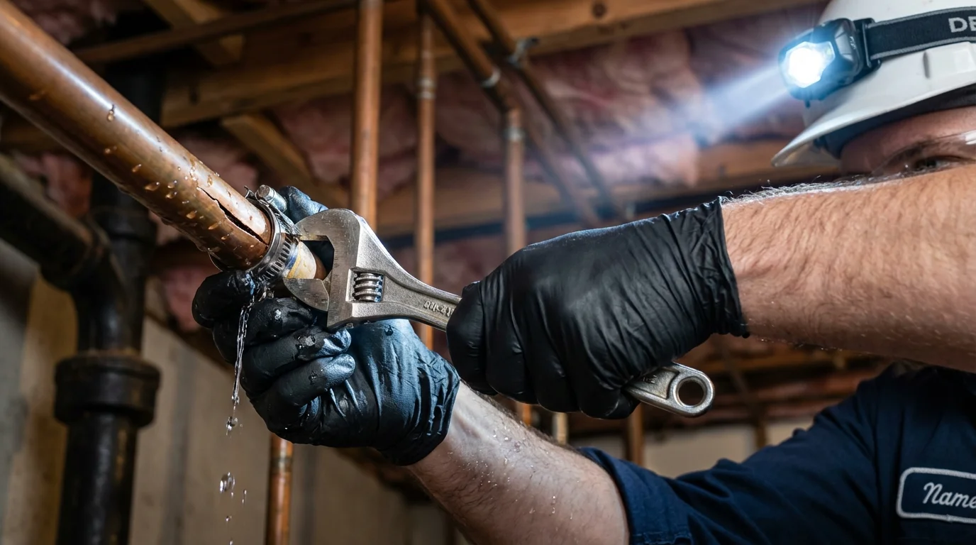 Emergency pipe clamp repair being performed by a Johns Plumbing LLC plumber in Sunnyside