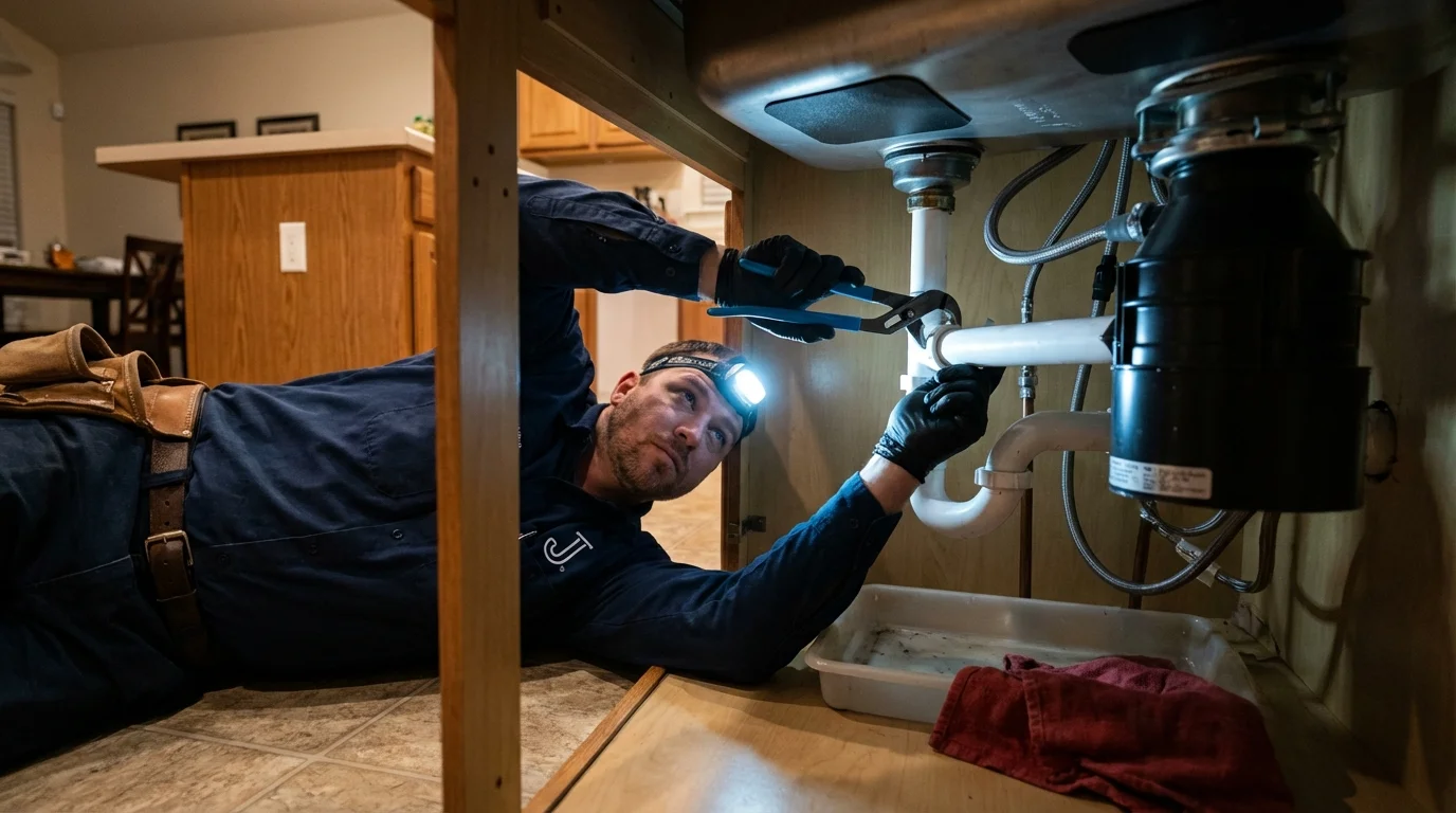 P-trap and supply line connections under a kitchen sink showing a common leak point in Sunnyside, NY